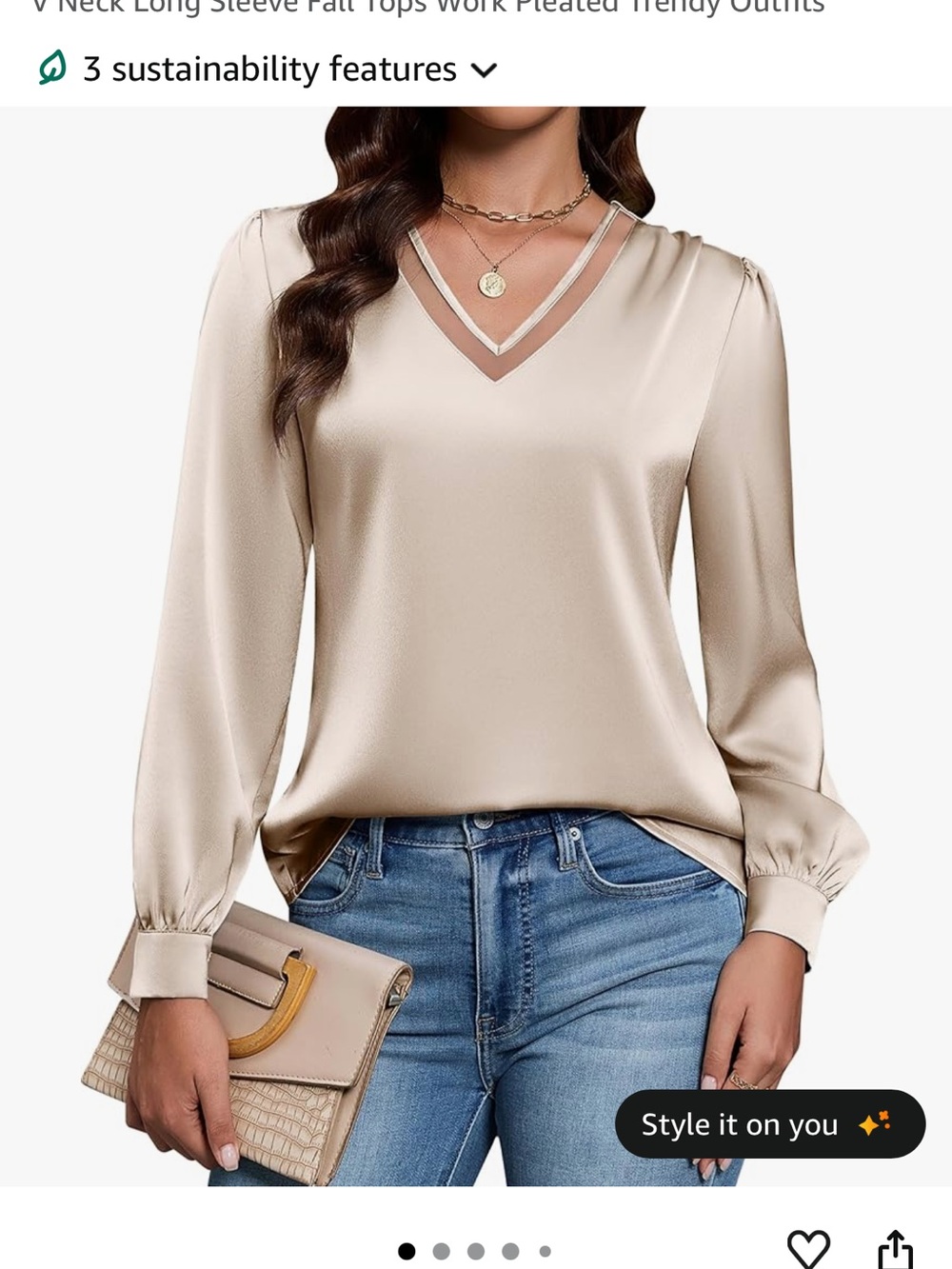 Blooming Jelly Beige Satin Mesh V-Neck Long Sleeve Blouse XL Work Office Top